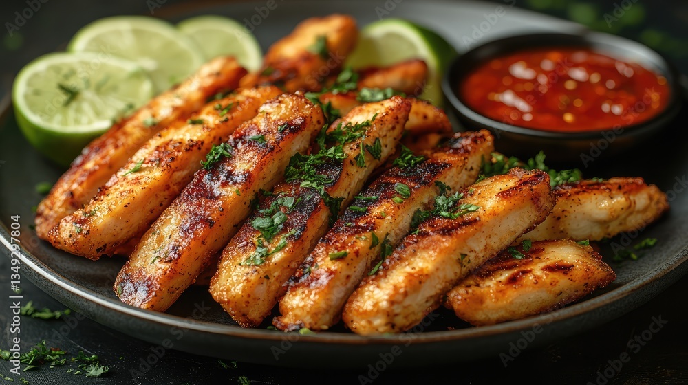 A flat lay of chicken fries on a ceramic plate, paired with spicy sriracha mayo and lime wedges for extra zest A flat lay of chicken fries on a ceramic plate, paired with spicy sriracha mayo and lime wedges for extra zest
