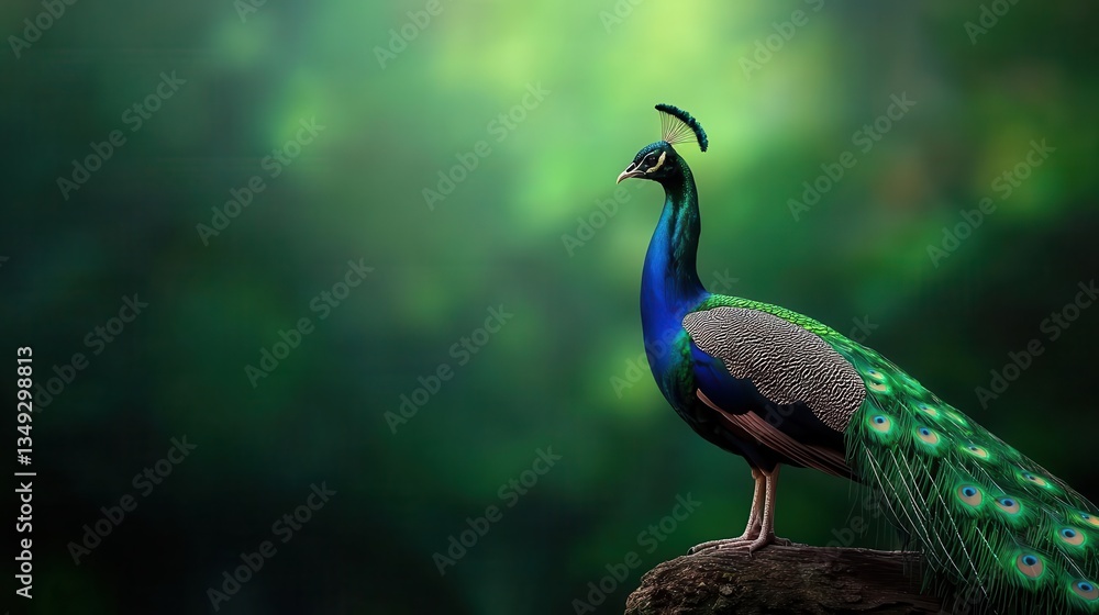Obraz premium Realistic Peacock standing with tail closed, rich iridescent feathers, filmed for special effects on a green screen