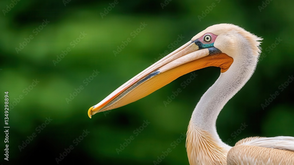Fototapeta premium Realistic Pelican standing with its large beak slightly open, coastal waterbird, filmed against a green backdrop for special effects