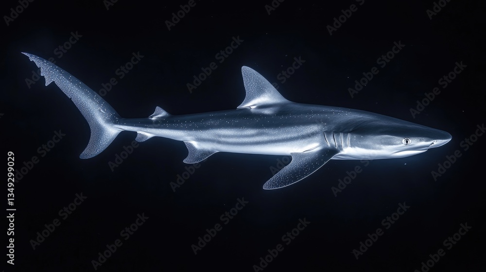 Fototapeta premium A solitary deep-sea shark illuminated by bioluminescent creatures in the dark ocean