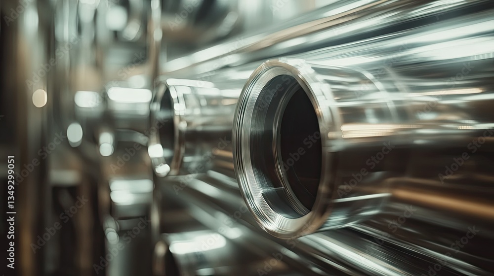 Naklejka premium A detailed shot of polished silver steel pipes, showing the sleek texture and strength of the metal, ready for use in construction or factory applications.