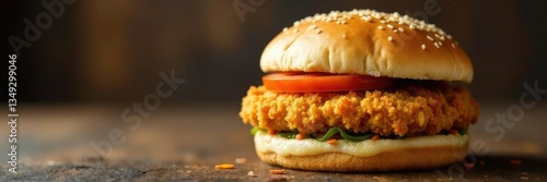 Golden brown fried chicken patty between soft white buns, crunchy, fried, brown