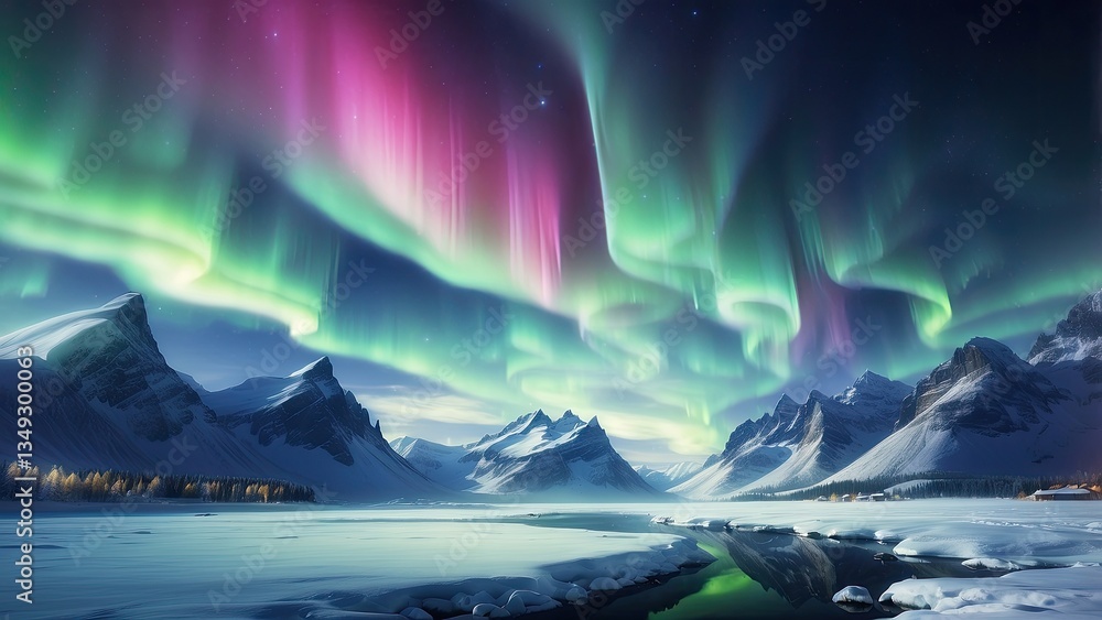 Naklejka premium A stunning nighttime scene featuring the northern lights (aurora borealis) swirling in vibrant green hues against a starry sky.