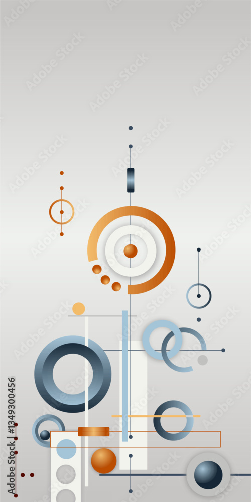 Fototapeta premium Harmonious abstract composition of concentric circles, thin lines, and technical elements creates a sense of airiness and modernity. For books covers for books and magazines on design and technology.