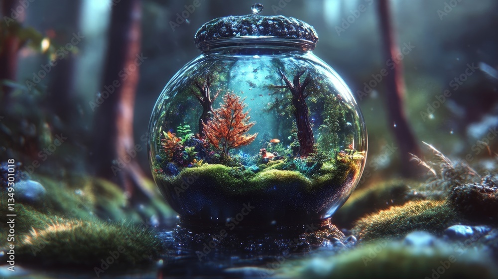 Enchanting miniature forest in a glass jar. A vibrant, detailed terrarium-like scene, nestled within a crystal-clear glass jar, depicts a miniature forest. Enchanting miniature forest in a glass jar. A vibrant, detailed terrarium-like scene, nestled within a crystal-clear glass jar, depicts a miniature forest.