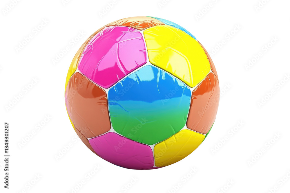 A brightly colored soccer ball features vivid hexagonal panels in pink, yellow, orange, and blue. It is well-suited for energetic outdoor games and sports activities A brightly colored soccer ball features vivid hexagonal panels in pink, yellow, orange, and blue. It is well-suited for energetic outdoor games and sports activities