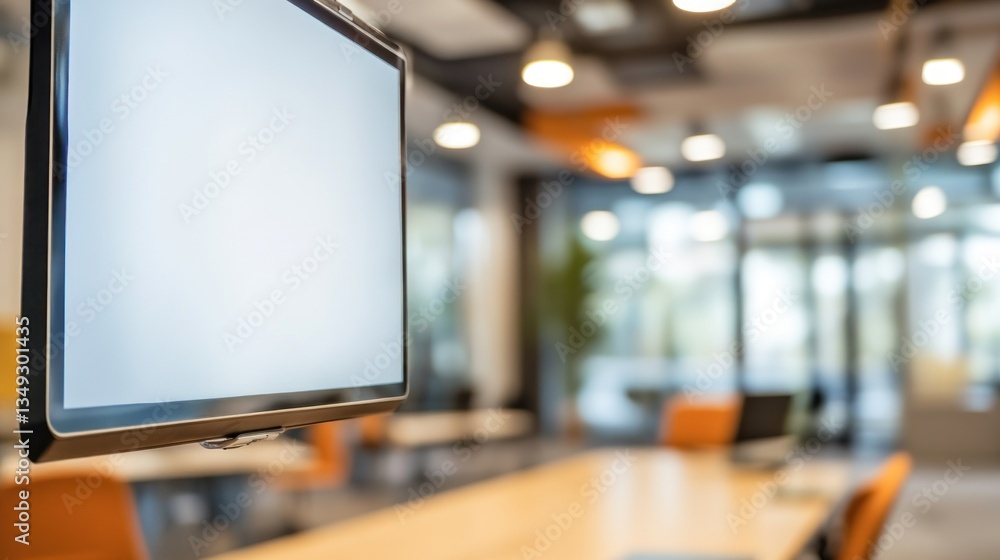 Modern office interior with a blank screen and workspace setup Modern office interior with a blank screen and workspace setup