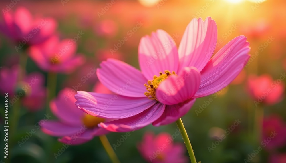 Petals of cosmos flower stretch towards warm light, soft focus, pink flowers Petals of cosmos flower stretch towards warm light, soft focus, pink flowers