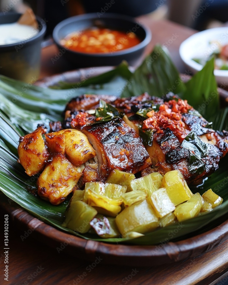 Grilled pork ribs with roasted potatoes and vegetables served on banana leaves Grilled pork ribs with roasted potatoes and vegetables served on banana leaves