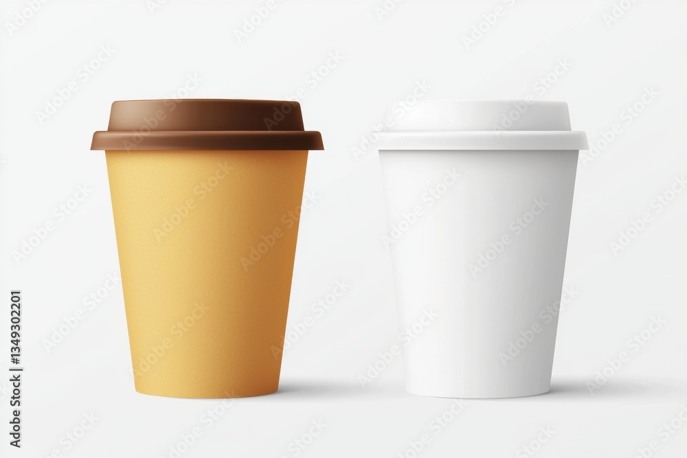 Takeaway container with food and drinks. Two coffee cups, one brown and one white, placed side by side on a light background. Takeaway container with food and drinks. Two coffee cups, one brown and one white, placed side by side on a light background.
