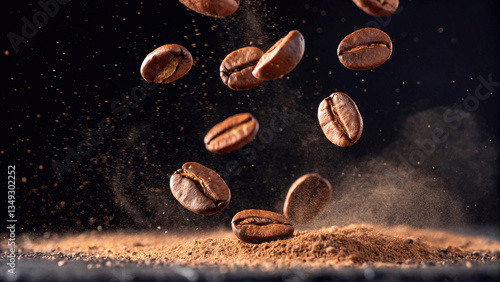 Colombian Coffee beans floating above ground coffee, emphasizing their freshness and aroma