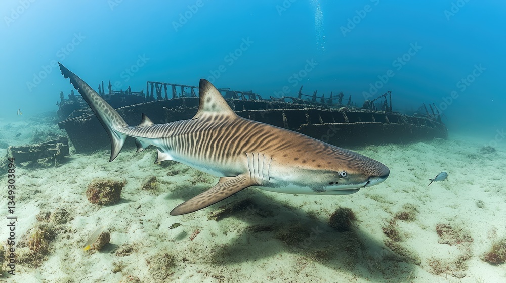 Fototapeta premium A tiger shark swimming near a sunken shipwreck, exploring the underwater ruins