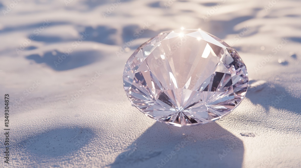A brilliant diamond resting on soft, shimmering sand, reflecting light in a serene, natural landscape A brilliant diamond resting on soft, shimmering sand, reflecting light in a serene, natural landscape
