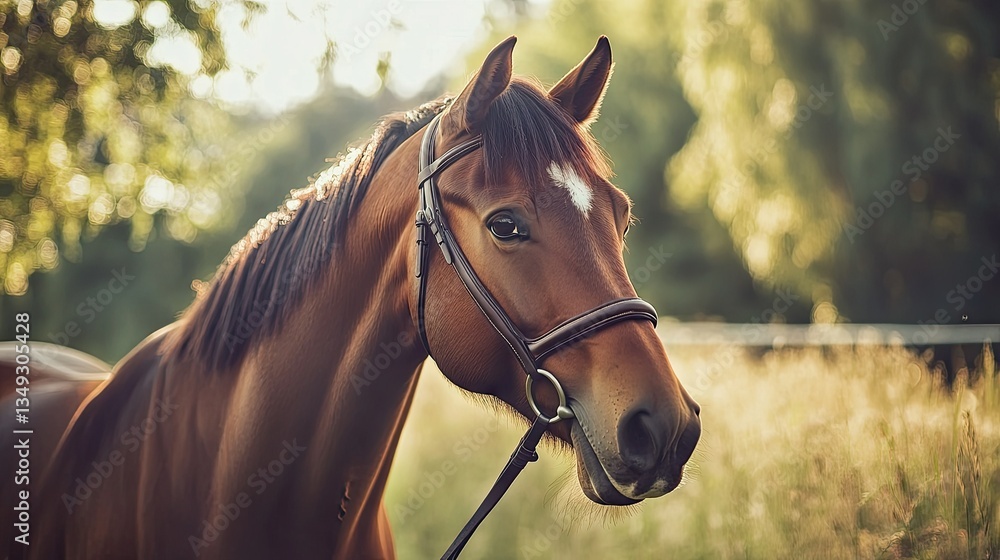 Obraz premium A horse with a bridle standing in the pasture, its ears perked up as it enjoys the warm sunshine and open space of the countryside.