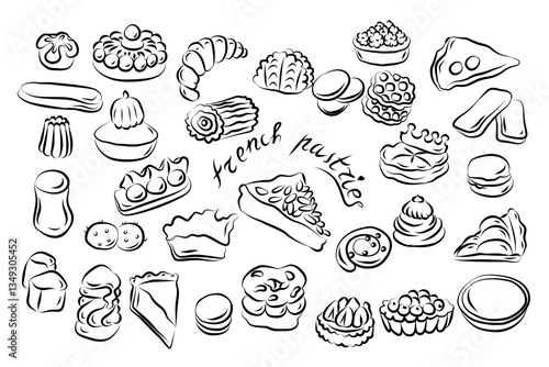 Wallpaper Mural Bakery dessert. French pastry. Muffin, galettes Breton, Jésuite, macarons, chausson aux pommes, pain aux raisins, tarte aux myrtilles, cheesecake, flan, baba au rhum. Hand drawn vector isolated set. Torontodigital.ca