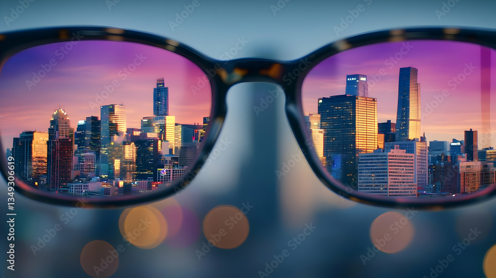 Obraz premium Cityscape Seen Through Pink-Tinted Glasses At Sunset