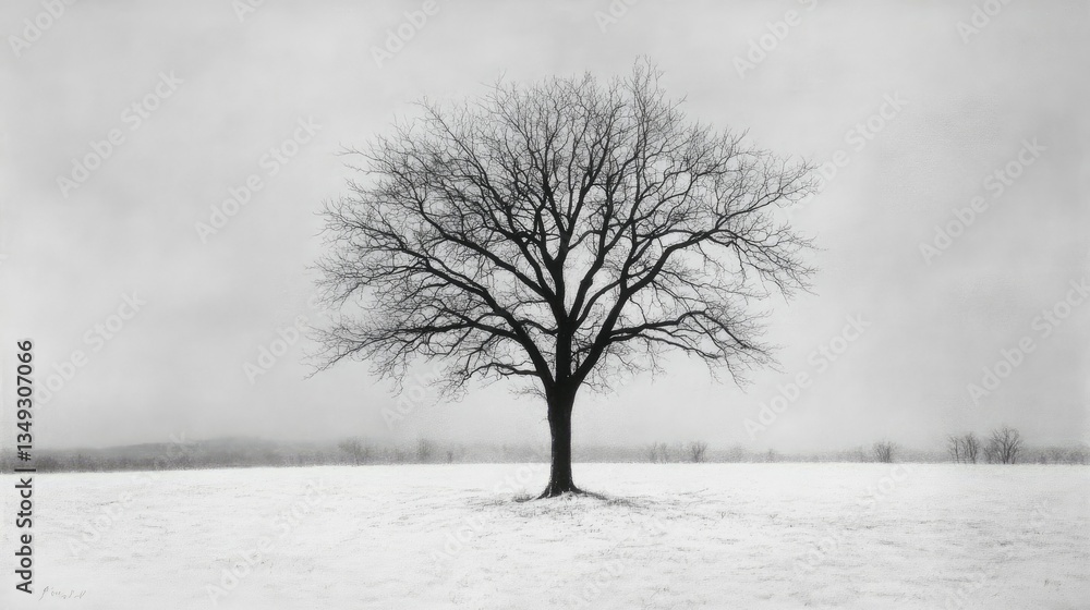 Fototapeta premium A lone tree standing in the middle of a snowy field, its bare branches stark against the white snow and gray sky, evoking a quiet, peaceful winter scene.