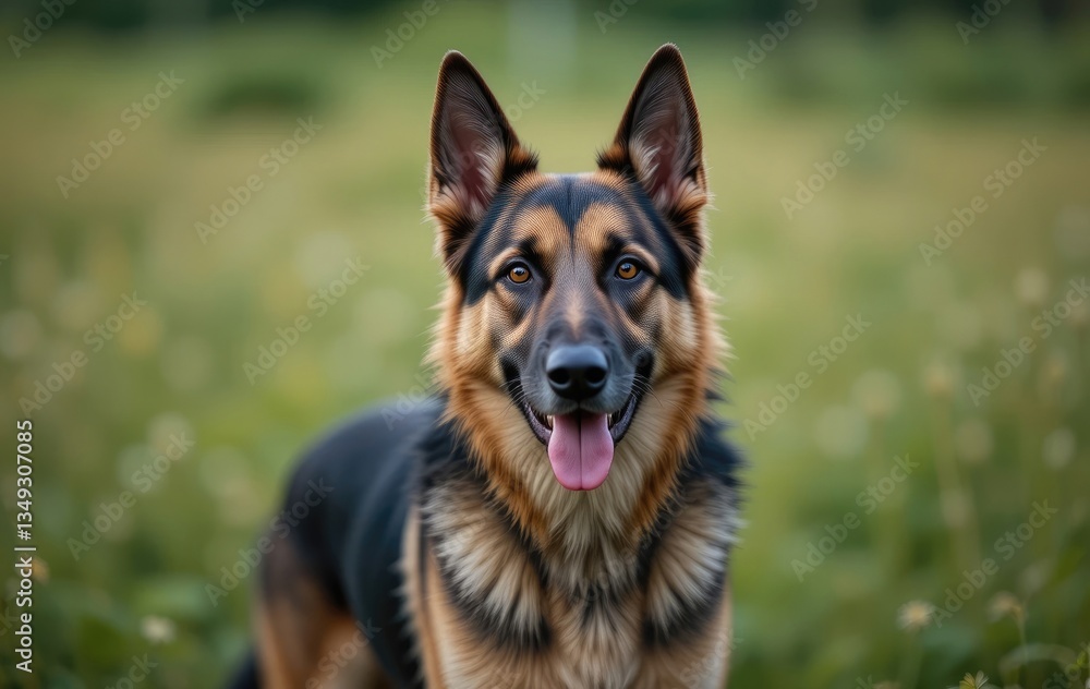 German Shepherd Dog Standing Outdoors with Happy Expression in Field German Shepherd Dog Standing Outdoors with Happy Expression in Field
