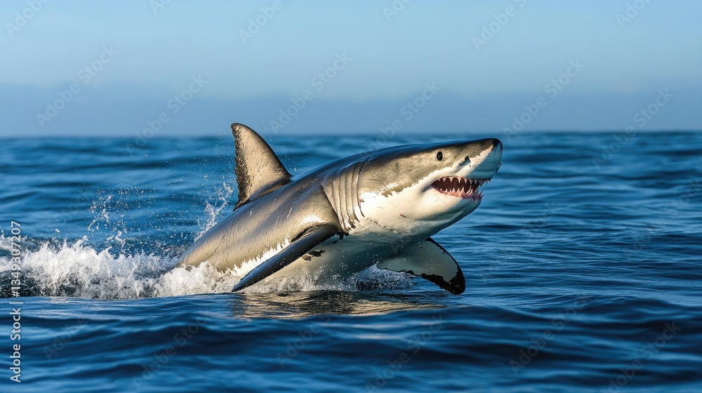 Fototapeta premium A wide-angle shot of a massive great white shark lunging out of the water