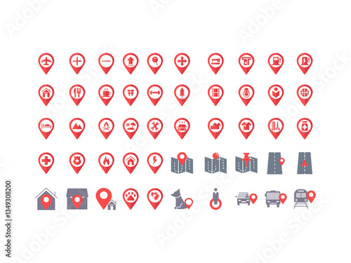 Array of various red location pin icons on a white background for maprelated designs. Suitable for navigation, map applications, and travelthemed projects.