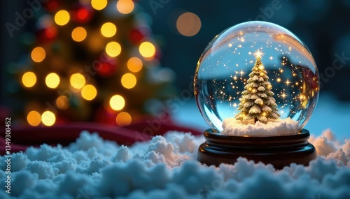 Sparkling snow globe under a decorated Christmas tree, snowy scene, sparkling