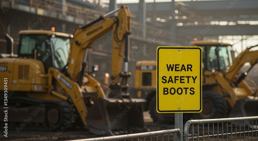 Safety Boots Sign at Construction Site with Excavator Equipment Safety Boots Sign at Construction Site with Excavator Equipment