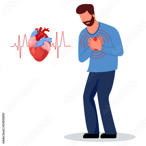 Man having heart attack or heart pain. Vector illustration with human holding hands on chest.