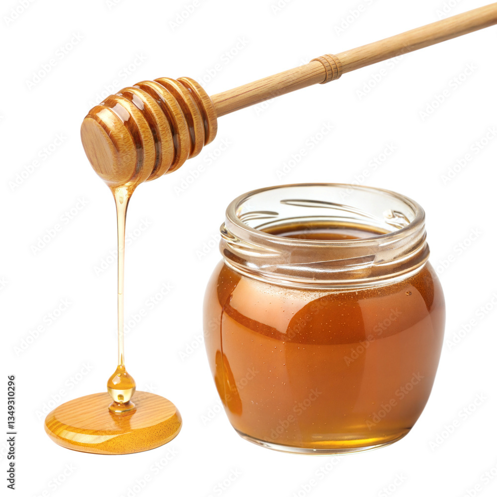 Dripping Honey From Wooden Dipper Stick Into Clear Jar Isolated On transparent background Dripping Honey From Wooden Dipper Stick Into Clear Jar Isolated On transparent background