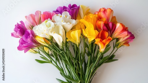 Wallpaper Mural A vibrant bouquet of multicolored freesias arranged elegantly against a clean white background Torontodigital.ca