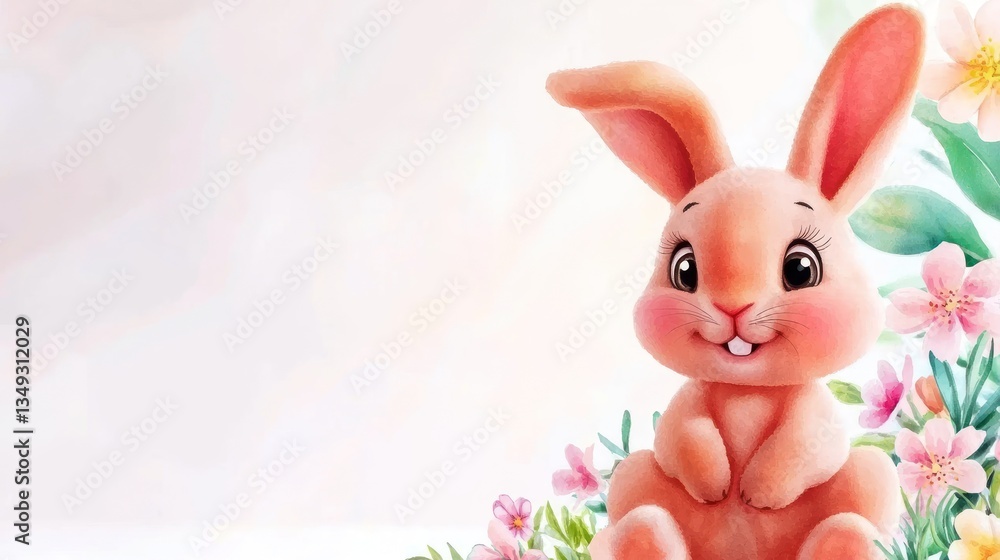 Fototapeta premium Cute Easter bunny seated among pastel flowers