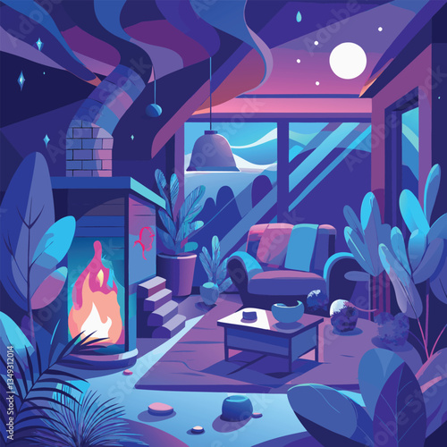 Vibrant Dreamscape Retreat A Cozy, Stylized Living Room Under a Whimsical Night Sky