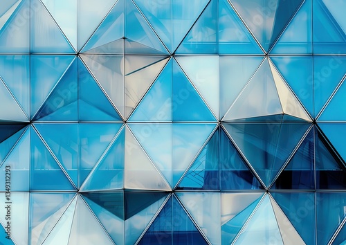 Geometric glass facade with triangular patterns reflecting the sky.