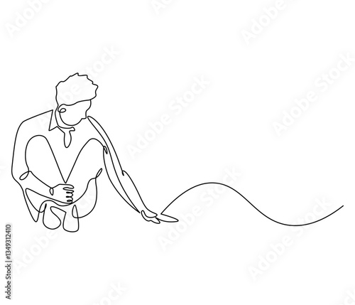 Continuous one line drawing of sad man sitting alone. Single line drawing illustration of thinking man. Man sitting alone concept vector art. Doodle line illustration.