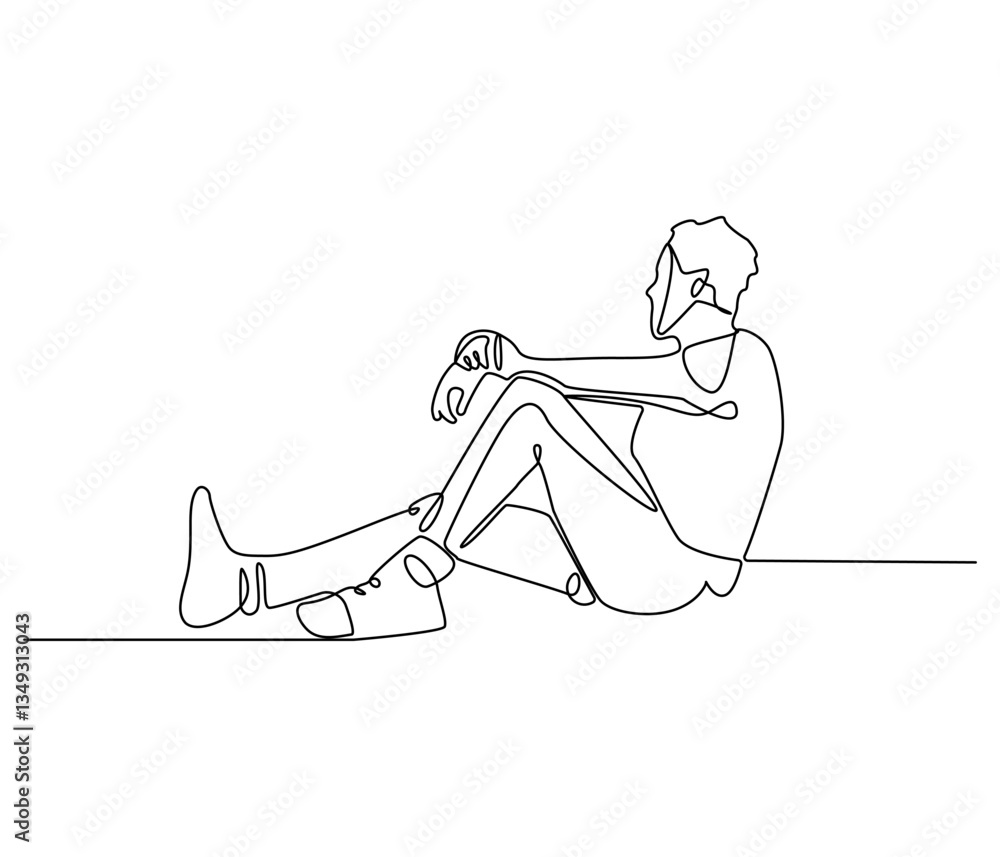 Obraz premium Continuous one line drawing of sad man sitting alone. Single line drawing illustration of thinking man. Man sitting alone concept vector art. Doodle line illustration.