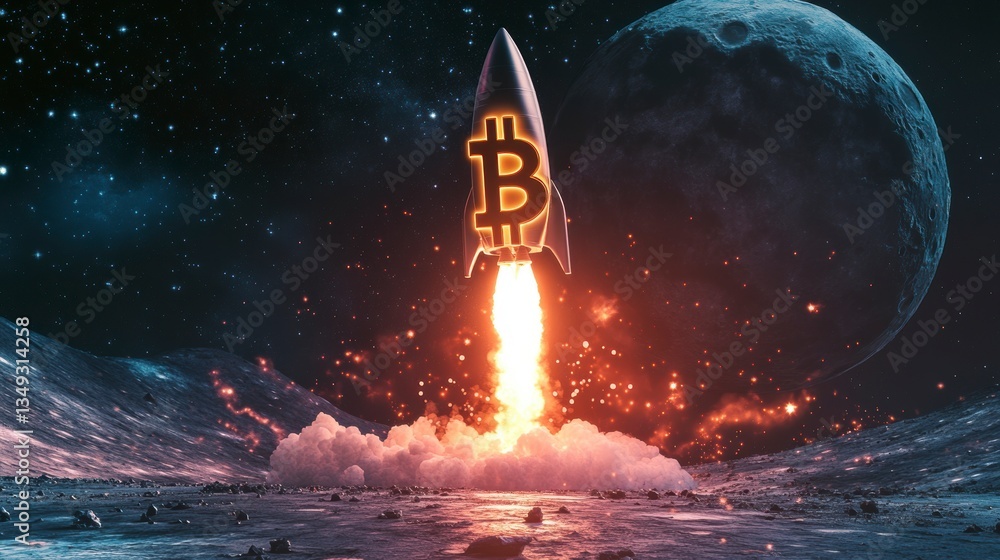 Obraz premium Bitcoin rocket launching from moon surface towards space. (1)