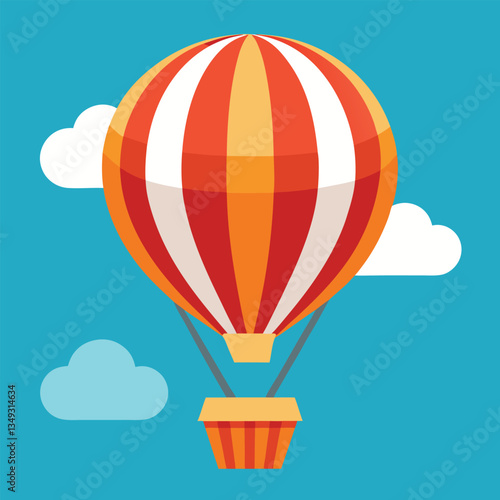 Vibrant red and orange hot air balloon soaring through a bright blue sky with fluffy white clouds