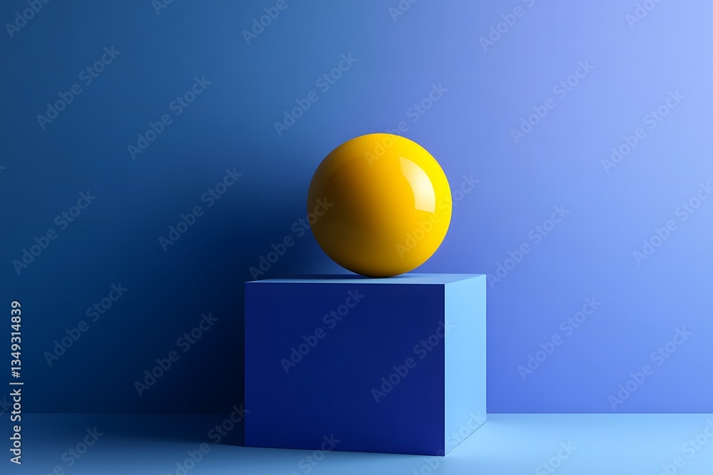 Yellow Sphere Balancing on the Edge of a Cube Against a Blue Background – Abstract 3D Geometric Illustration Yellow Sphere Balancing on the Edge of a Cube Against a Blue Background – Abstract 3D Geometric Illustration