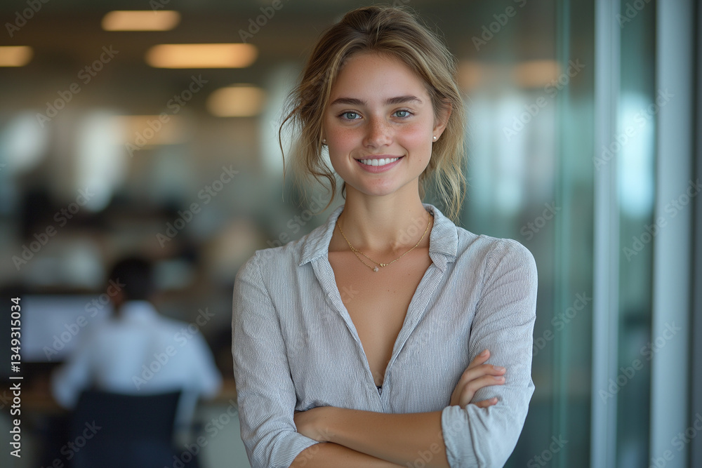 A professional woman smiles confidently with arms crossed.