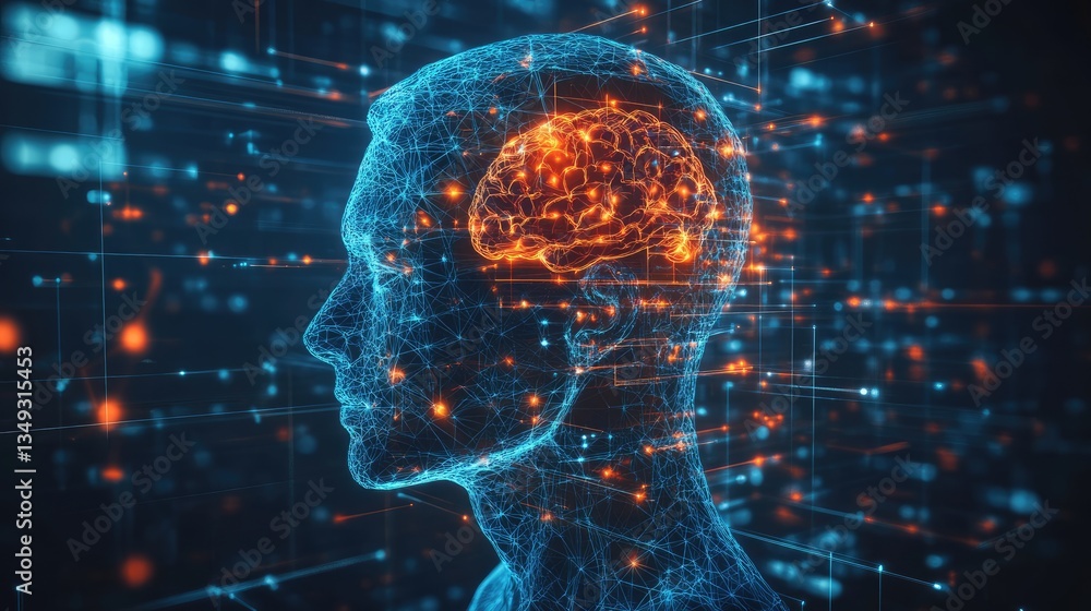 Futuristic digital representation of a human head with a glowing brain, surrounded by data streams and neural connections Futuristic digital representation of a human head with a glowing brain, surrounded by data streams and neural connections