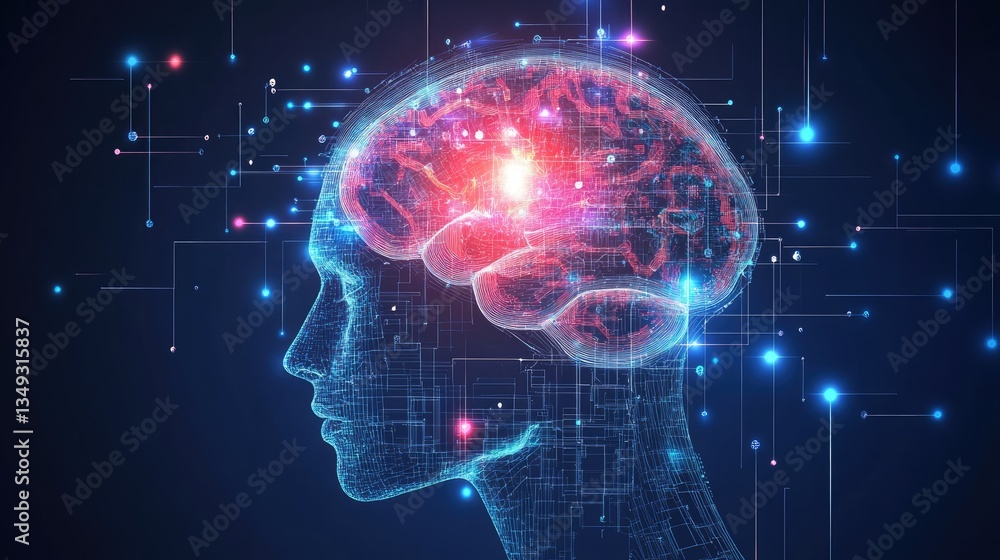 A futuristic representation of a human brain with digital connections and glowing elements illustrating neural activity A futuristic representation of a human brain with digital connections and glowing elements illustrating neural activity