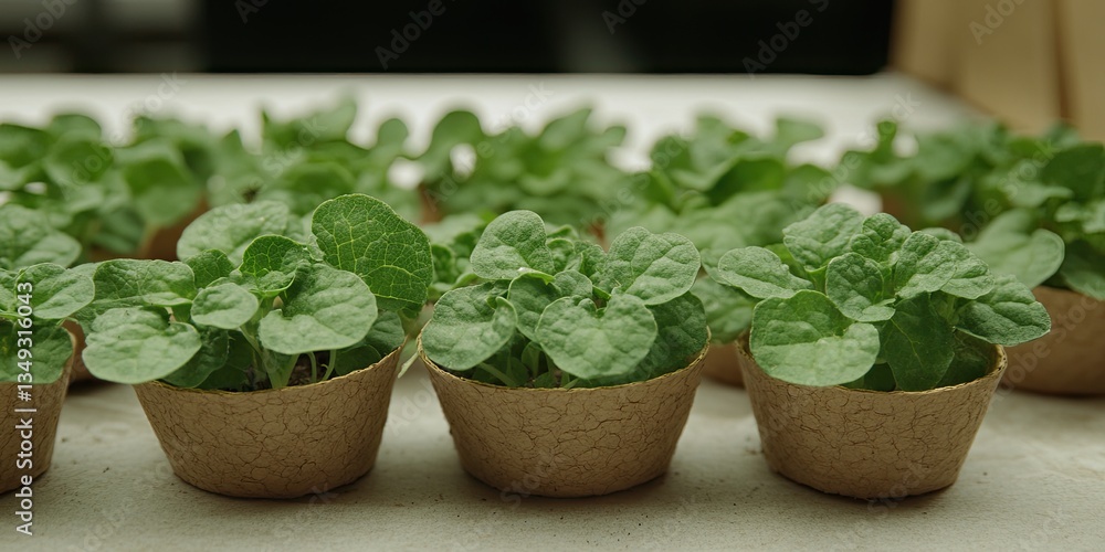 Fresh seedlings in biodegradable pots ready for planting Fresh seedlings in biodegradable pots ready for planting