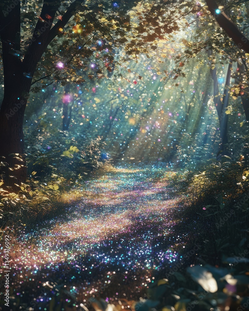 Obraz premium Magical forest path, sunlit, sparkles, fantasy, background