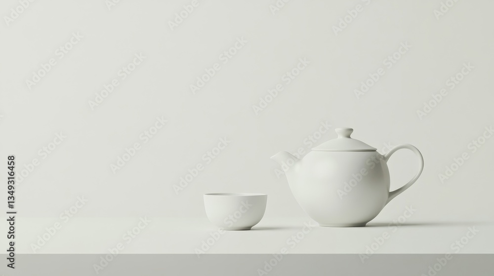 Minimalist white teapot and cup on a clean surface, emphasizing simplicity and elegance Minimalist white teapot and cup on a clean surface, emphasizing simplicity and elegance