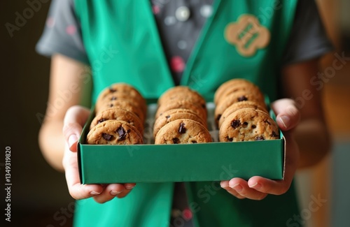 Cadette Girl Scout holds box chocolate chip cookies. Girl in green uniform selling cookies. Woman learning marketing business skills, money management. Sweet pastry dessert food for sale.