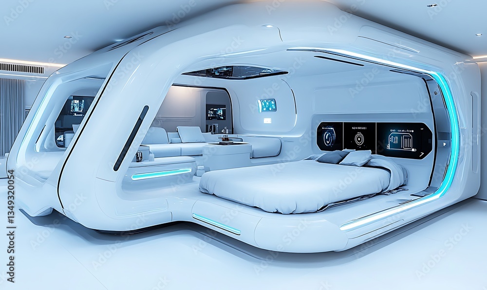Futuristic White Minimalist Bedroom Design With Smooth Lines And Blue Ambient Lighting Futuristic White Minimalist Bedroom Design With Smooth Lines And Blue Ambient Lighting