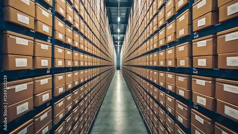 A long, symmetrical aisle in a warehouse, lined with tall shelves stacked with cardboard boxes A long, symmetrical aisle in a warehouse, lined with tall shelves stacked with cardboard boxes