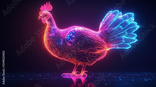 A vibrant and colorful digitally rendered hen in bright neon colors