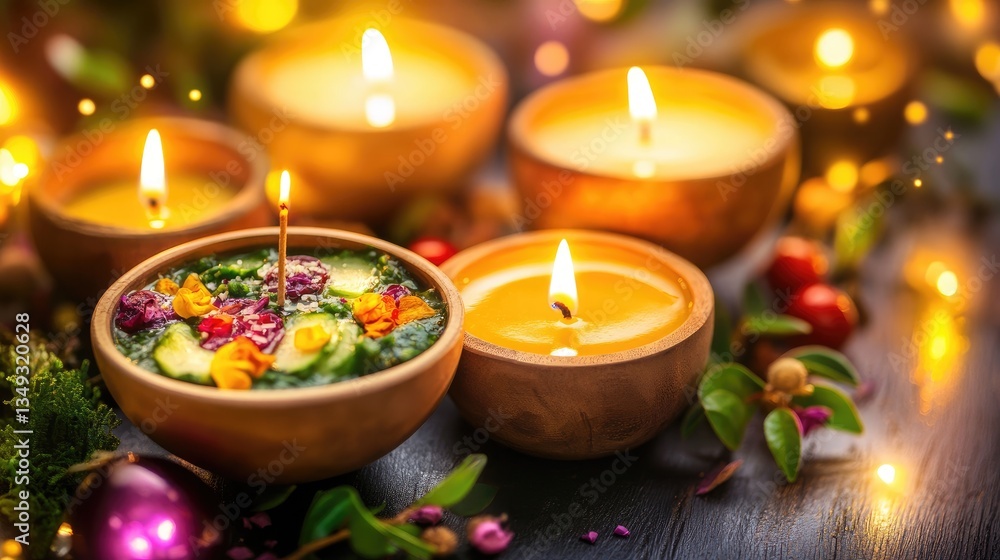 Obraz premium Serene ambiance with herbal bowl and glowing candles