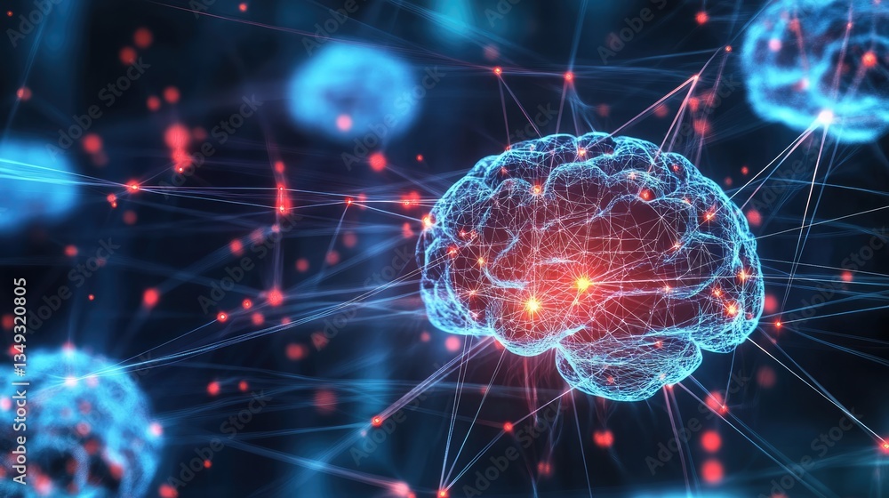 Abstract illustration of a glowing brain with neural connections and digital particles in a dark background Abstract illustration of a glowing brain with neural connections and digital particles in a dark background