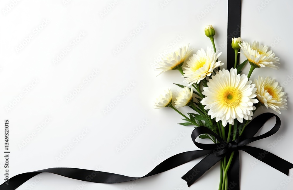 Obraz premium Beautiful white chrysanthemum flowers with yellow centers, black ribbon on white background. Condolence card with copy space for text. Funeral, mourning, grief, sorrow, sympathy, remembrance, loss,